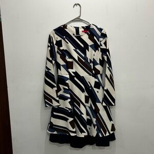 Pinkyotto Beige and Blue Abstract Geometric Textured Printed Ruffle Dress